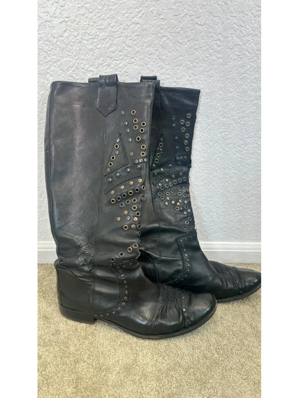Marithe Francois Girbaud Sz 37.5 Black Leather Studded Riding Rockstar Punk Goth